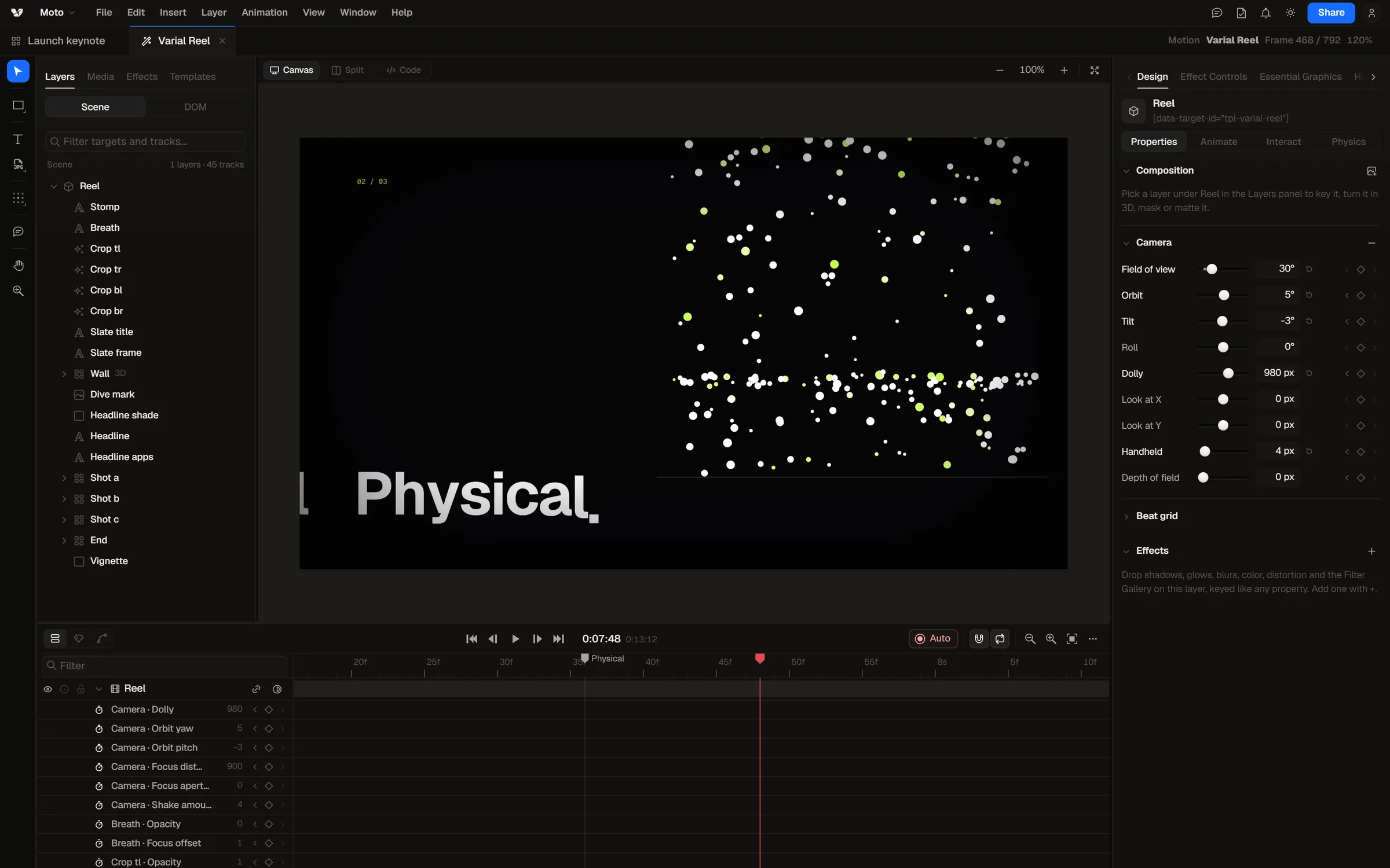 Varial Moto animating the Varial Reel, with its layers, camera and keyframes