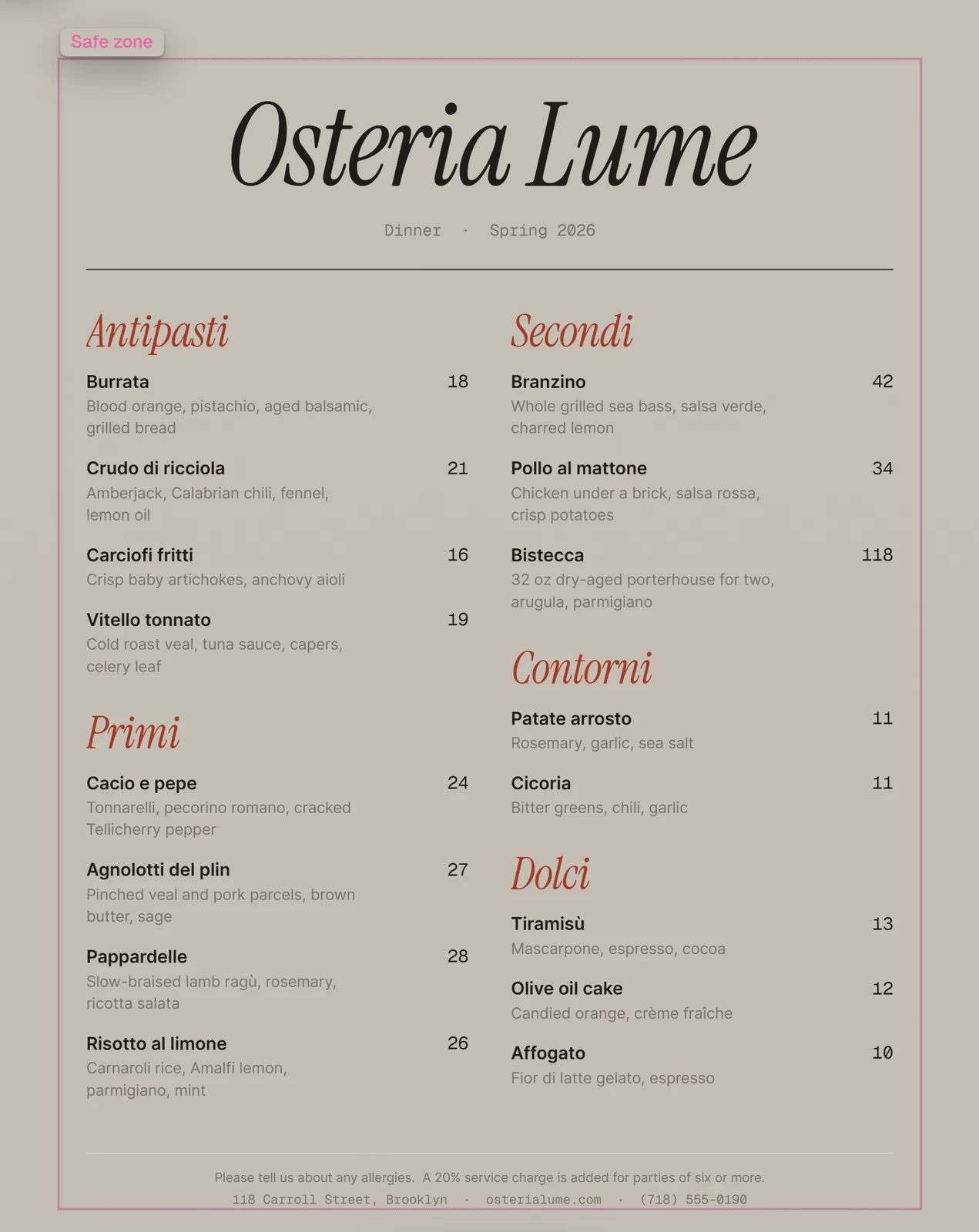 Osteria Lume, Restaurant menu