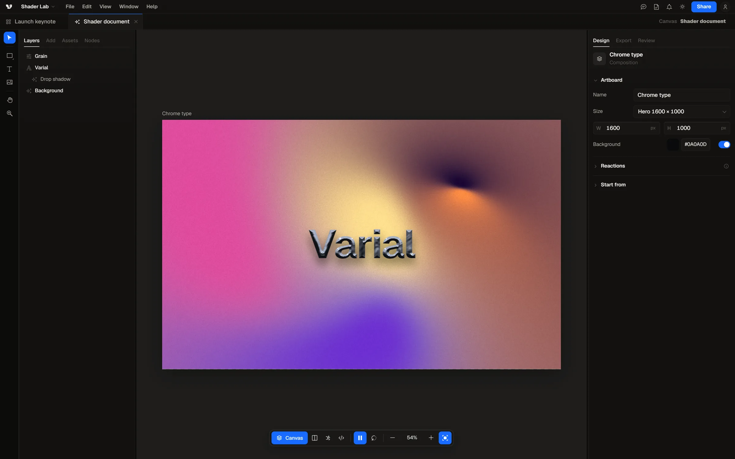 Varial Shader Lab with chrome type over a live gradient