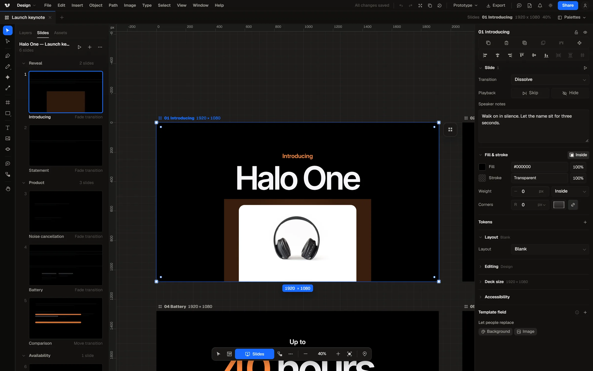Varial Design in Slides mode with speaker notes