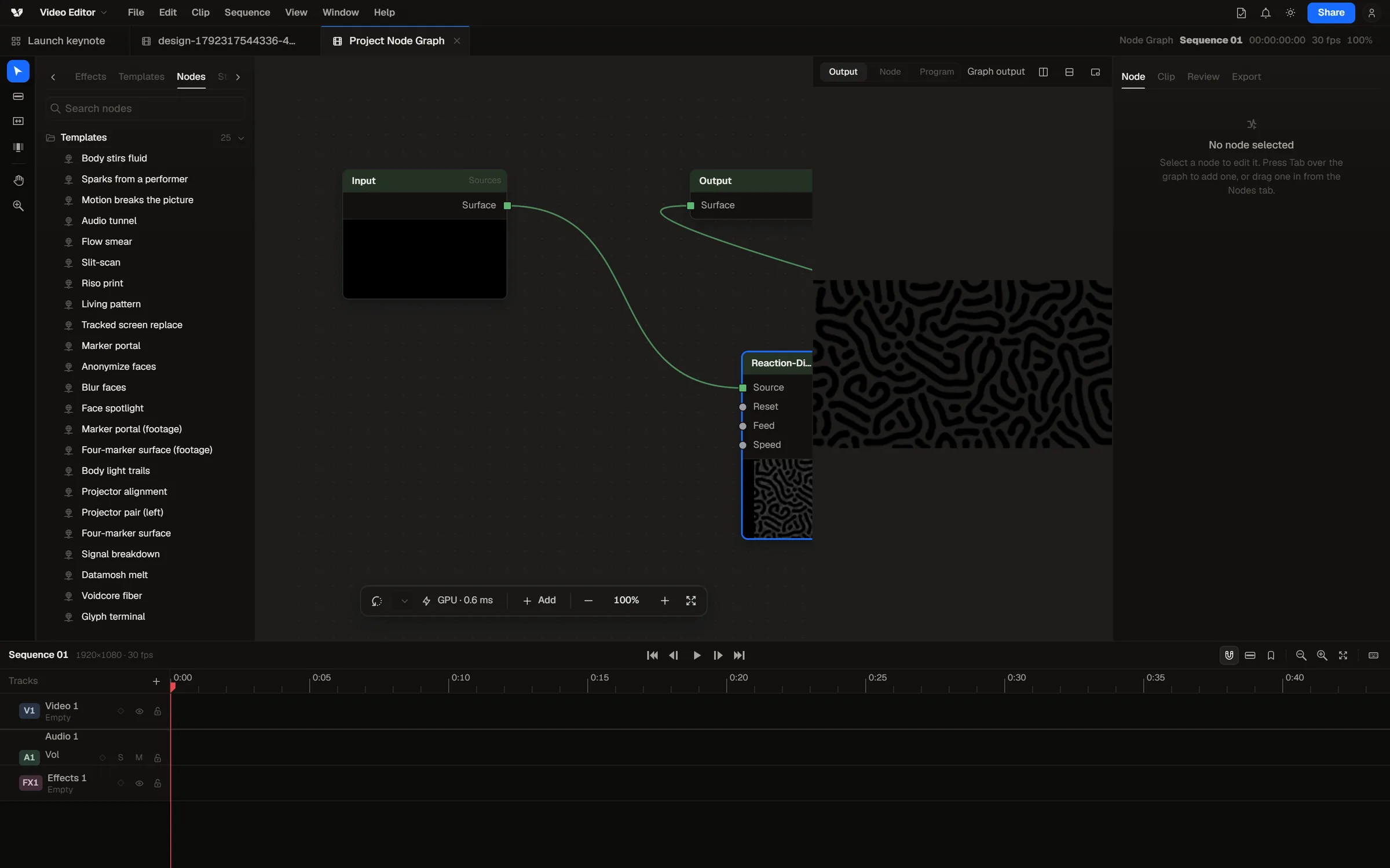 Varial Temporal running a live reaction-diffusion pattern in its node graph
